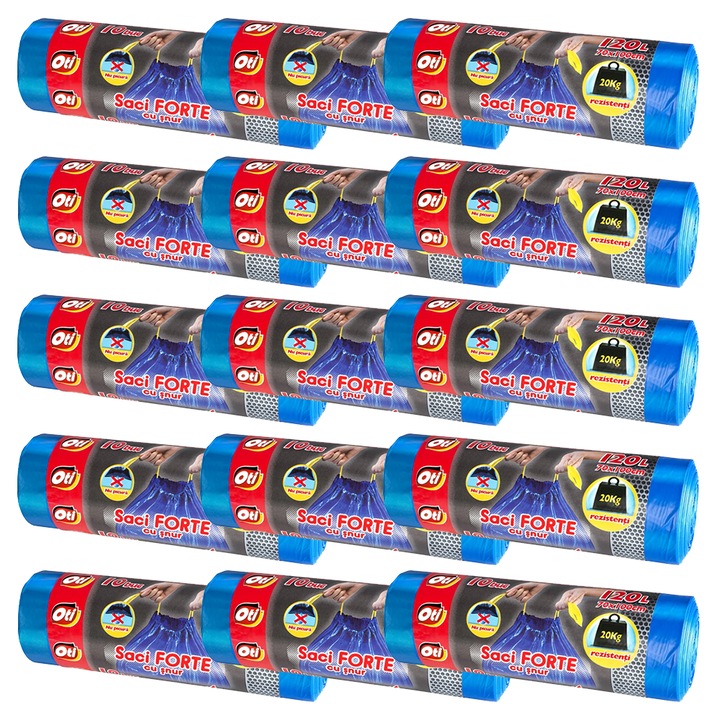 Set 15 role saci menajeri, OTI Forte, 120L, 70x100 cm, cu snur de inchidere, 10 bucati/rola