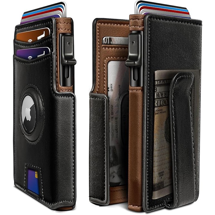 Portofel de calatorie cu protectie RFID, 10 sloturi pentru carduri, compartimente, buzunar pentru monede, Fereastra ID, Design pop-up, Capac magnetic cu clapa, acces rapid, 9.7*7.5*2.8cm, Negru - maro