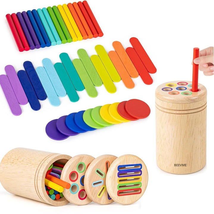 Дървена играчка за сортиране на цветове 3 в 1, многоцветна, 12x7x12см