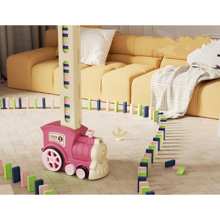 Set trenulet domino, 60 domino, interactiv, Roz, 15x10cm