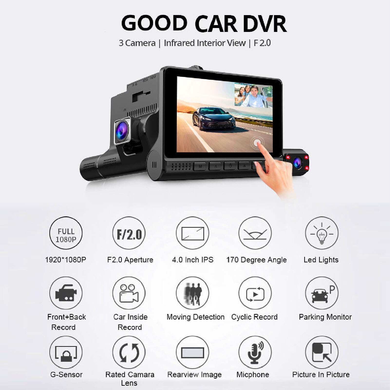 Camera auto DVR 3 canale 1080P, inregistrare continua, senzor G, unghi ...