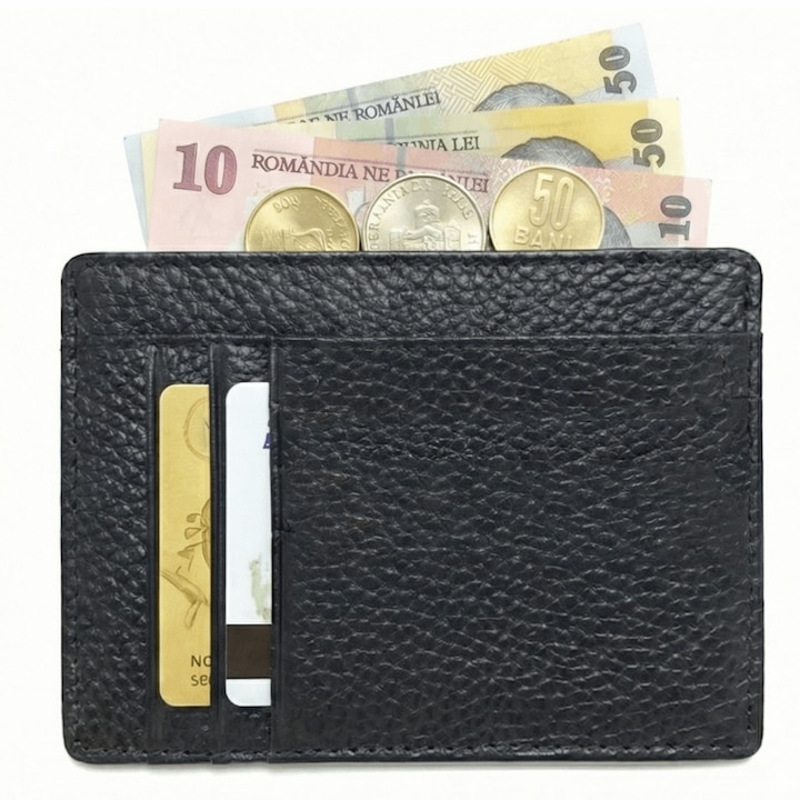 Тънък портфейл за карти, лична карта, пари, шофьорска книжка с капацитет 8 карти + 1 отделение за банкноти, Естествена кожа, Черен