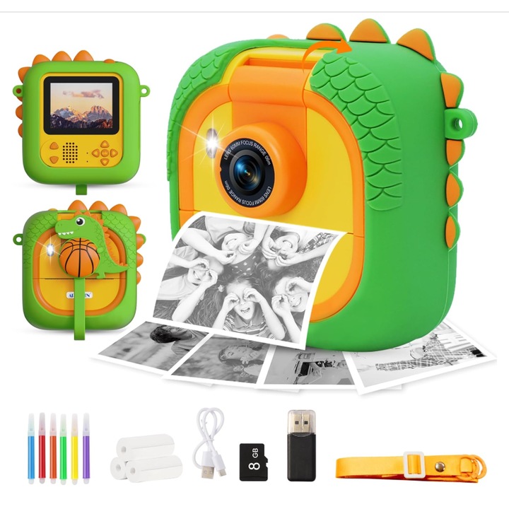Camera instant pentru copii ARNSSIEN M2, Dinozaur Verde, Obiectiv rotativ 180°, Ecran 2.4" HD 1080P, 3 role de hartie de imprimare 8GB, Cadou ideal pentru copii de 3-12 ani