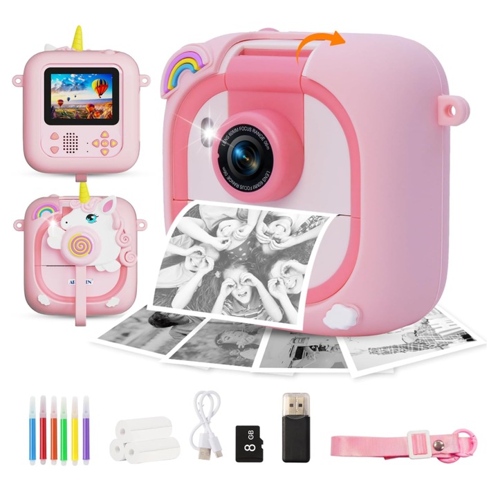 Camera instant pentru copii ARNSSIEN M2 unicorn roz 2.4" 1080P Jucarii ideale pentru ziua nasterii copiilor cu 3 role hartie 8GB 1000mAH