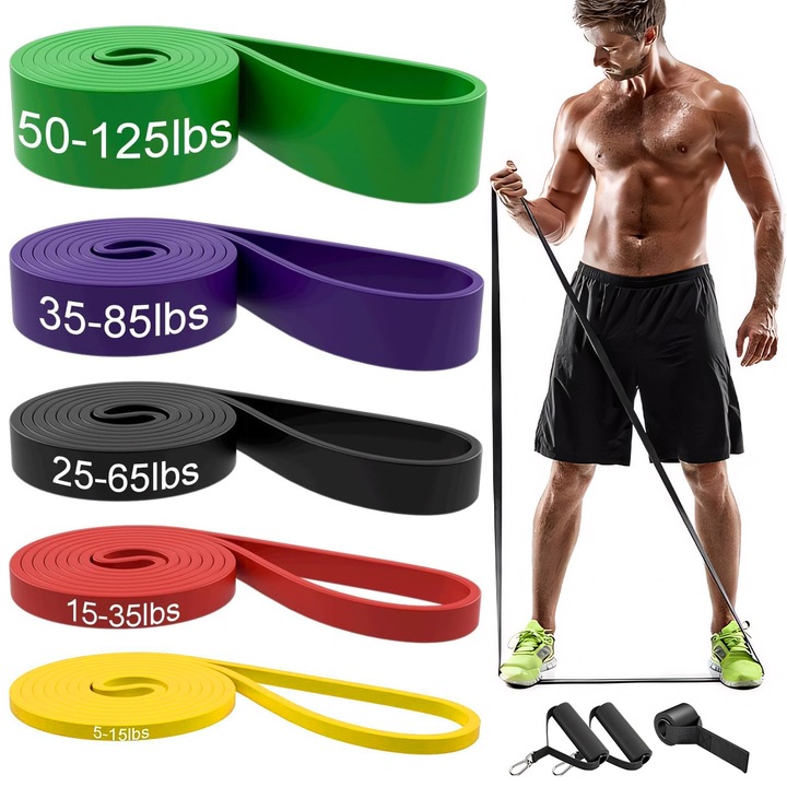 Set 5 Banda Elastica Rezistenta din Latex, BYONDSELF®, 5 Trepte de Dificultate, Pentru Femei si Barbati, Sac de Depozitare, 2 Manere si Ancora pentru Usa, pentru Fitness, Antrenament, Yoga, Pilates