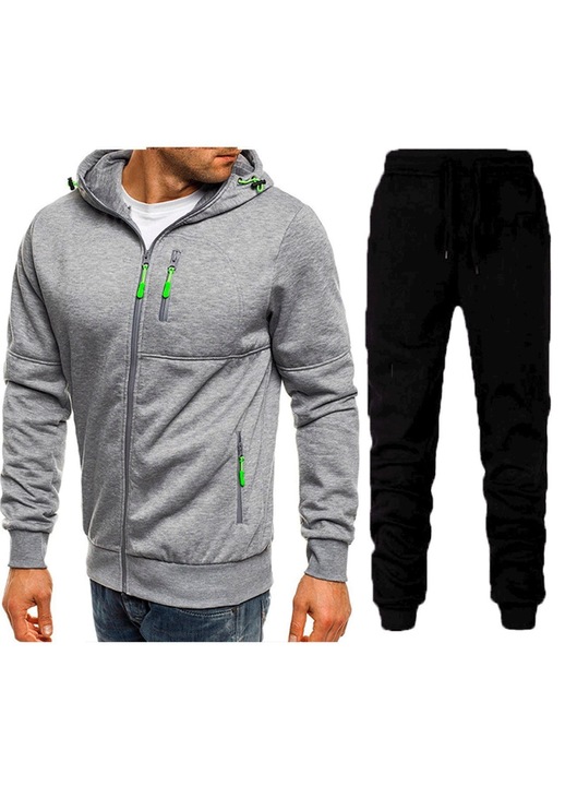 Trening lifestyle barbati, jacheta sport si fitness, cardigan casual, set cu pantaloni, gri deschis, toamna/iarna