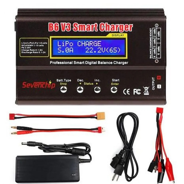 Incarcator Lipo 80W, Rqiurpn, 6A, pentru acumulatori B6 V3, cu functie Balance-Charger incarcator inteligent multifunctional, pentru baterii LiPo, LiFe, Li-ion, NiMH, NiCD, Pb, Cu adaptor 15V 6A