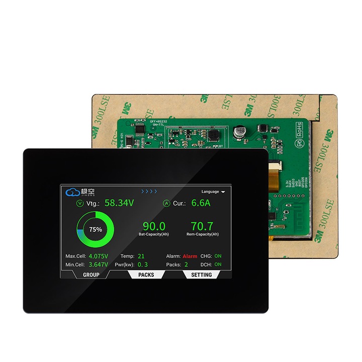 Display LCD 4.3 inch, Rqiurpn, pentru sistem de gestionare a bateriilor JKBMS PB V19, monitorizare voltaj, curent, nivel de incarcare, temperatura, functii inteligente BMS