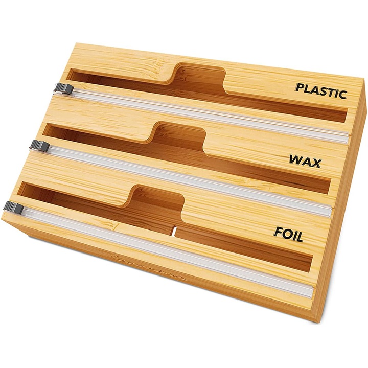 Suport Rola Hartie de Bucatarie, Cu Taietor, Top Organizator, Din Lemn, 33.5x21.5x7.5cm, Suport de bucatarie, Pentru Hartie de Copt, folie Stretch, Pentru Sertar sau Agatare, Maro