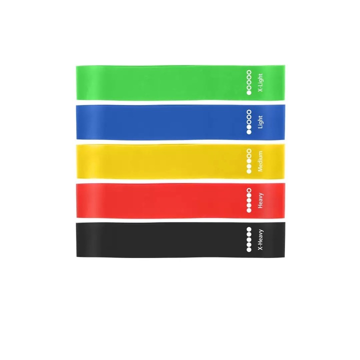 Set 5 benzi elastice colorate pentru exercitii, multicolor