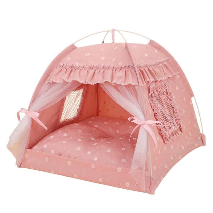 Cort pentru animale Lingo, pliabil, 40x40x40cm, material ecologic si respirabil, lavabil, pentru animale pana la 10kg, design cu dantela roz