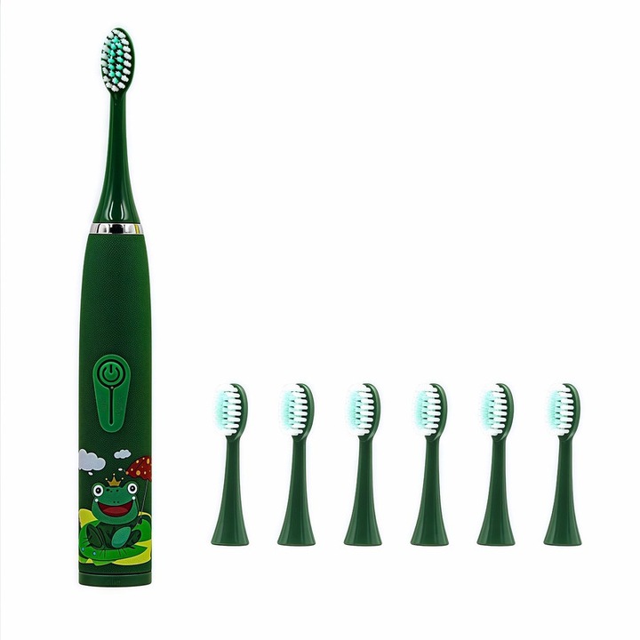 Periuta electrica pentru copii Lingo, 6 capete, 4 moduri, USB reincarcabila, 2W, rezistenta, ecologica, IPX6, autonomie 45 zile, model broasca, verde