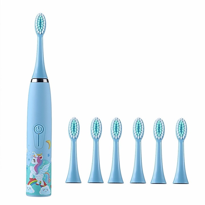 Periuta electrica pentru copii Lingo, 6 capete, 4 moduri, USB reincarcabila, 2W, rezistenta, ecologica, IPX6, autonomie 45 zile, model unicorn, albastru deschis