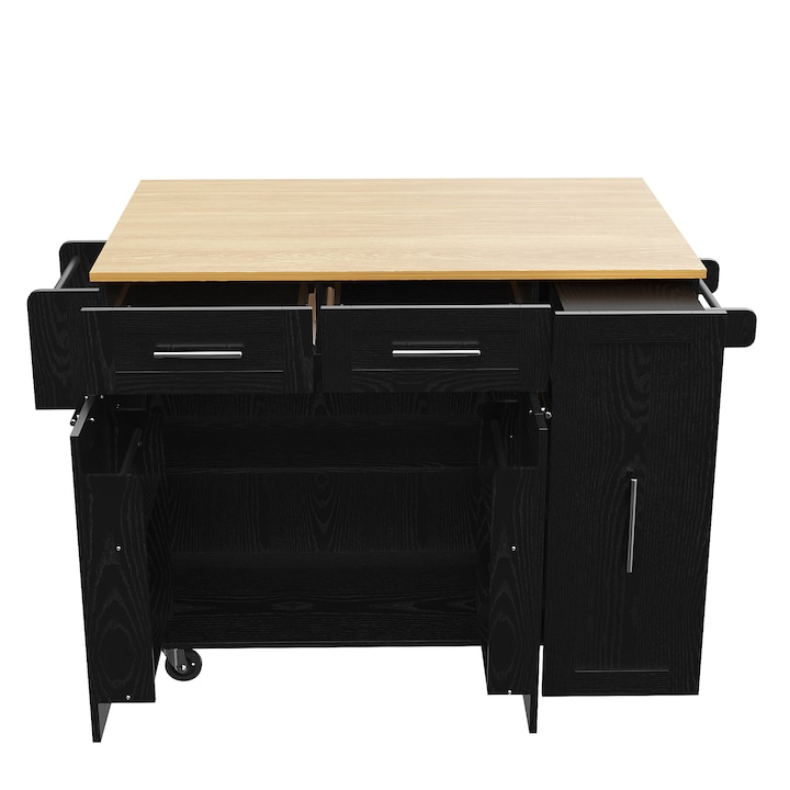 Insula de bucatarie moderna, Sweiko, cu rafturi pentru gustari si spatiu de depozitare, neagra, 110x46x90.5cm