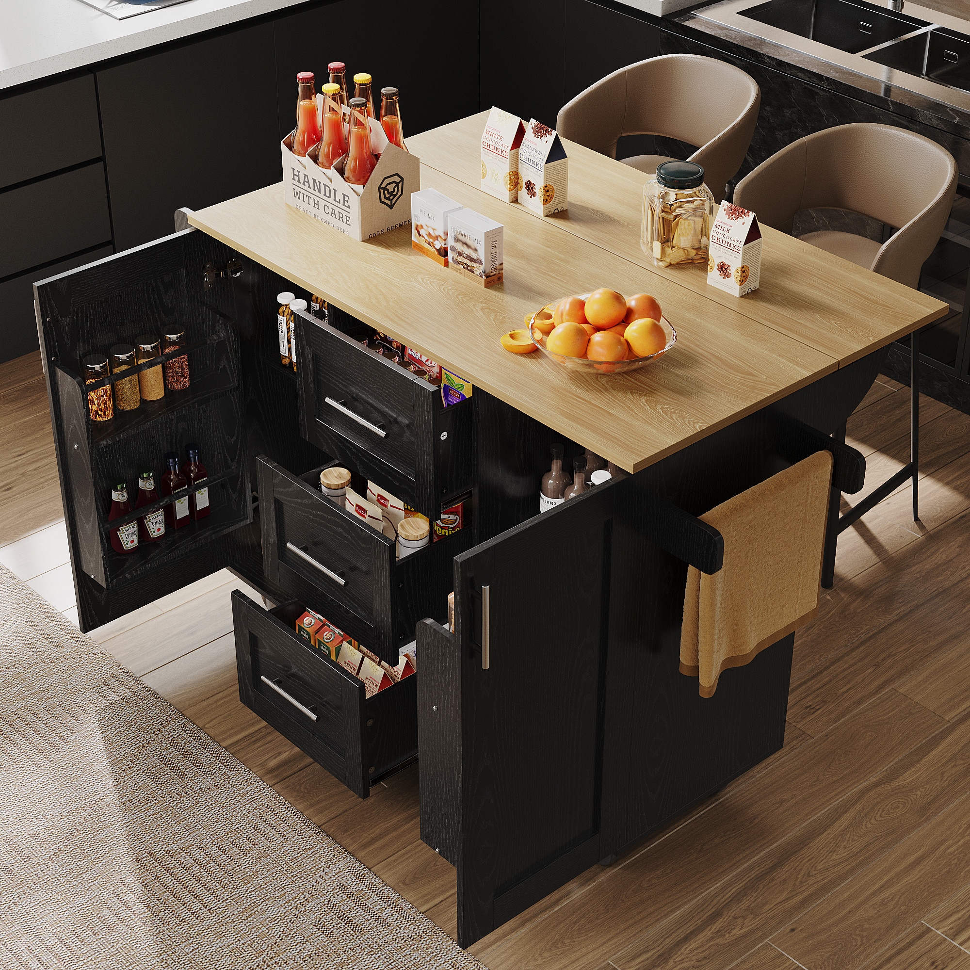 Insula bucatarie, Sweiko, neagra, 135x46-74x86.6cm, 3 sertare