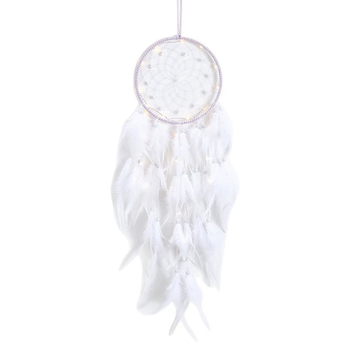 Dreamcatcher cu clopotei, decorativ, design elegant, pene, alb