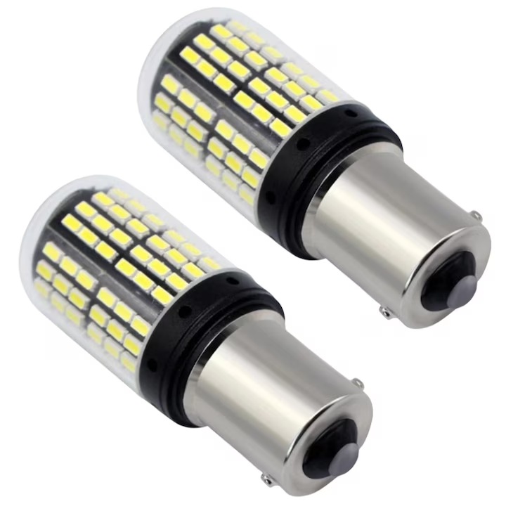 Set 2 Becuri LED Canbus 1156/BA15S P21W 3014, 144 LED-uri, Lumina alba 6500K, Soclu universal