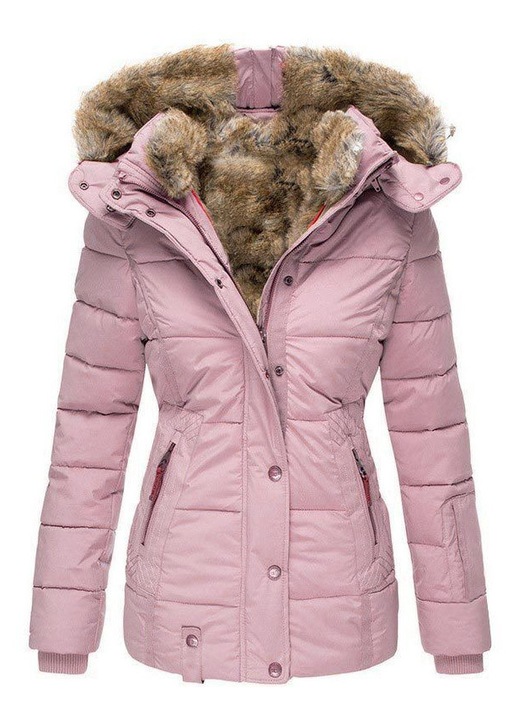 Geaca de puf pentru femei, casual, cu guler de blana, roz, bumbac-poliester, 5XL INTL