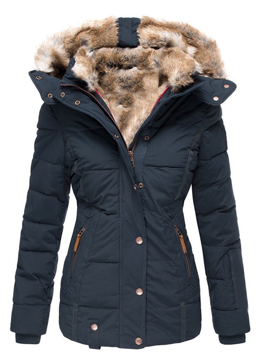 Geaca de puf pentru femei, albastru, cu guler de blana artificiala, bumbac si poliester, 4XL INTL