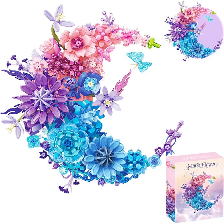 Set de constructie buchet flori artificiale, Duueyct, 977 piese, Floare 3D, Colectia Botanica, Decoratiuni de masa sau de perete, Relaxare Creativa si Mindfulness, 6 ani+, Cadoul Perfect pentru Copii si Adulti, ABS, Multicolor