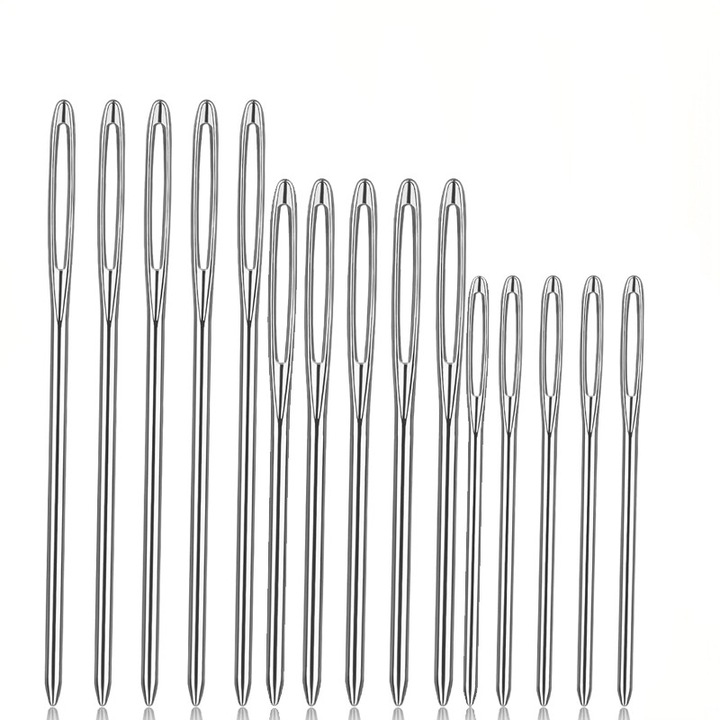 Set 15 Ace de Cusut cu Ochi Mari din Inox, Argintii, Asimetrice, pentru Crosetat si Broderie