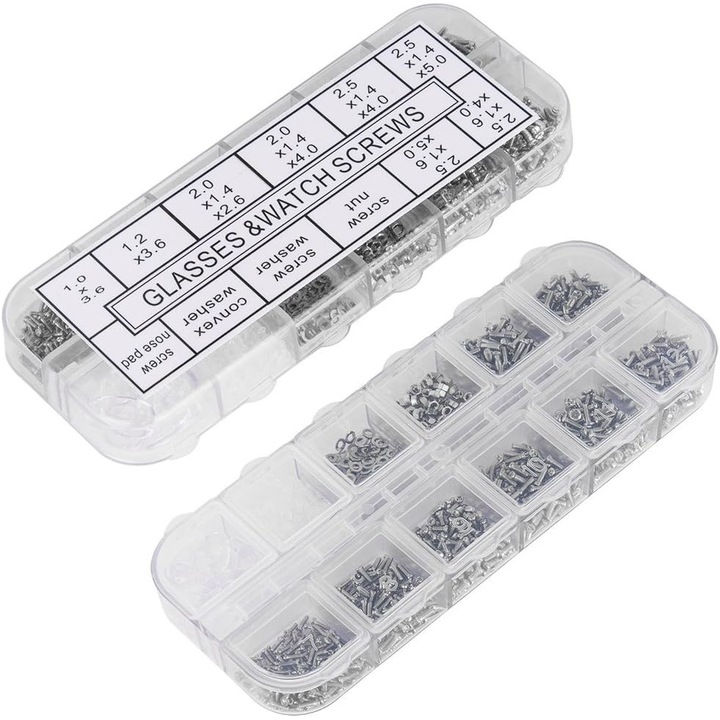 Kit complet de reparare ochelari 1100 piese, Yakumuz, suruburi, piulite, 5 perechi de tampoane nazale, surubelnita micro, penseta