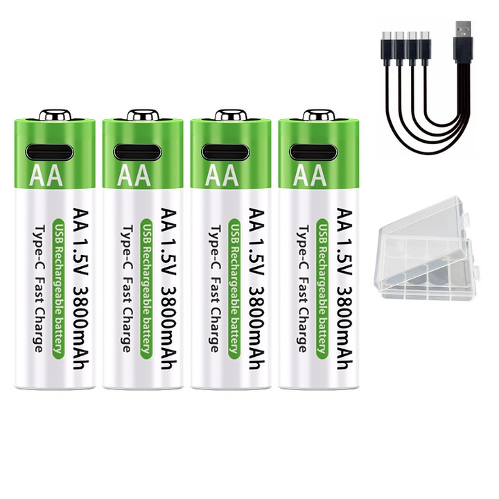 Set de 4 baterii reincarcabile AA, ZOUN, 1,5 V, port de incarcare tip C, capacitate de 3800 mAh, peste 1200 de cicluri de reincarcare, protectie la suprasarcina, incarcare rapida in 1,5 ore, include husa de depozitare si cablu de incarcare