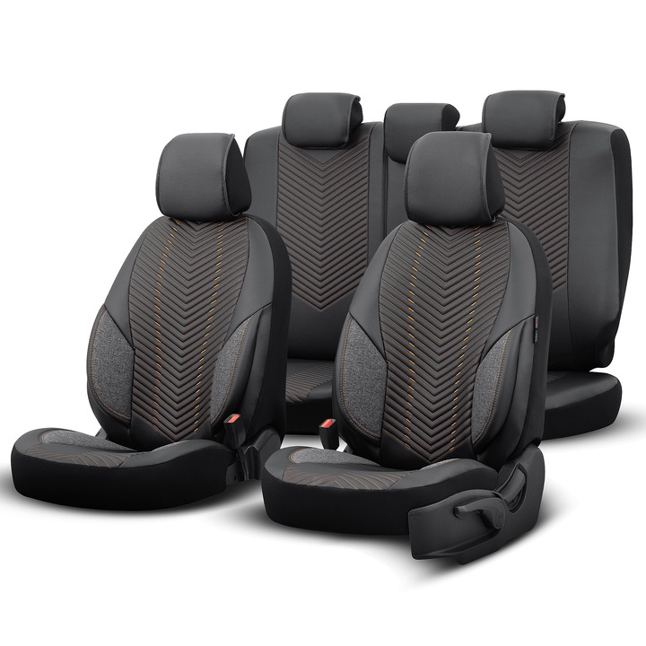 Set huse auto Otom 11 piese, negru/tan, material textil/piele ecologică, ergonomic