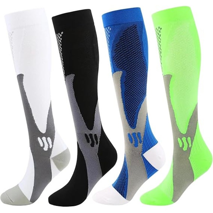 Ciorapi de compresie unisex, set de 4 perechi, alb/negru/albastru/verde, S/M
