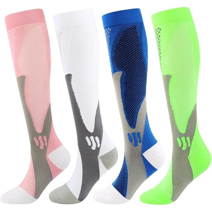Ciorapi de compresie unisex, set de 4 perechi, roz/alb/albastru/verde, 2XL