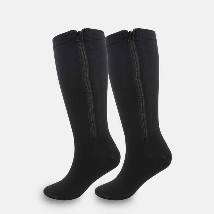 Ciorapi de compresie unisex, 2 perechi, cu fermoar, negru, 3XL