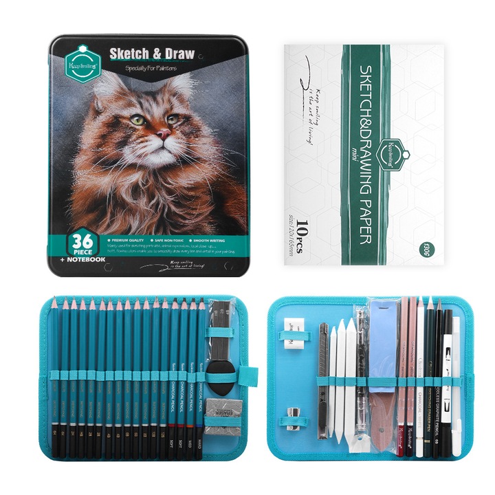Set de creioane de schita, 36 bucati, Miezul de plumb este stabil, Ecologic si non-toxic, Instrumente profesionale de arta, Pentru pictura, schita, graffiti, cutie metal, Gradele de creioane includ 2H, 4H, 6H, HB, 2B, 4B, 6B, 8B, 10B, 12B etc