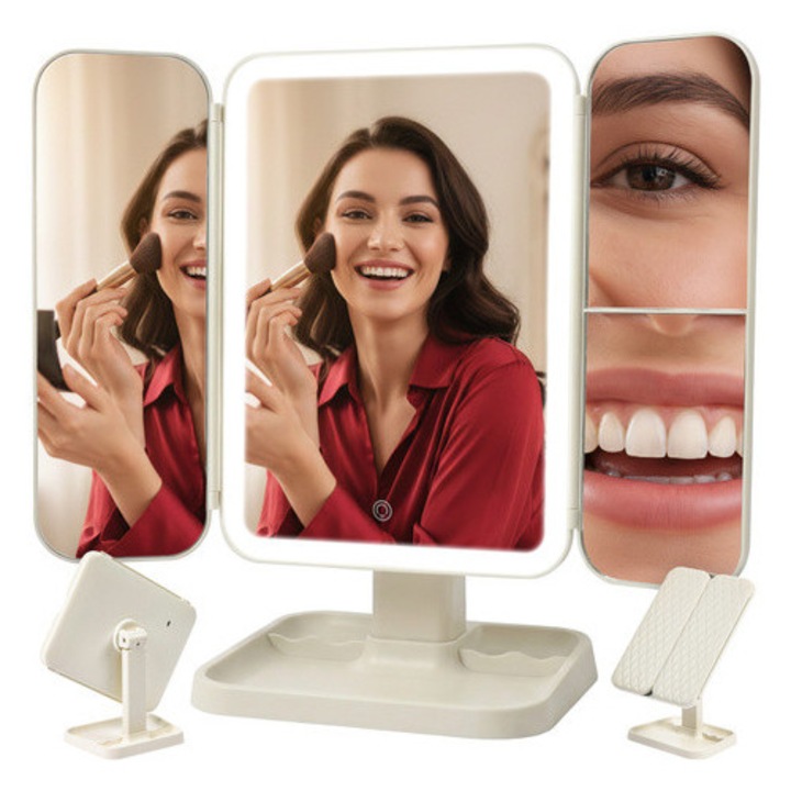 Oglindă cosmetică Soulima, iluminare LED, pliabilă, alb-crem, 21x13,5x31cm