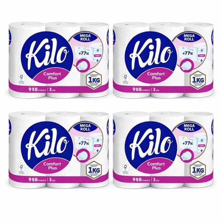 4 set (24role) hartie igienica Kilo Comfort Plus, 3 straturi, 6role/set