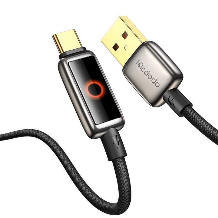 Cablu de date/incarcare Data Cable (CA 6650) with Breathing Light LED Display, USB C to USB A, Auto Power Off, 6A, 1.2m Negru
