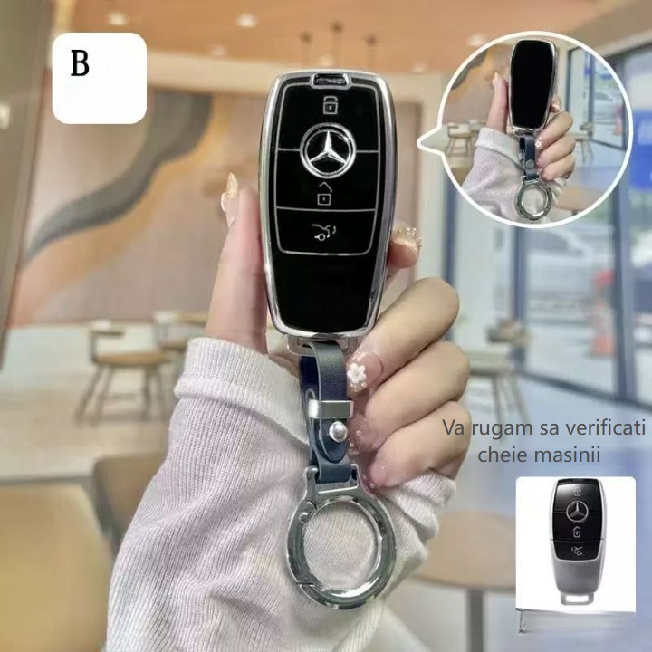 Husa cheie Mercedes-Benz – Clasa A / C / E (A200L, C260L, E300L), GLC300, GLE, GLA – carcasa eleganta cu inel, pentru femei, negru mat, 0240