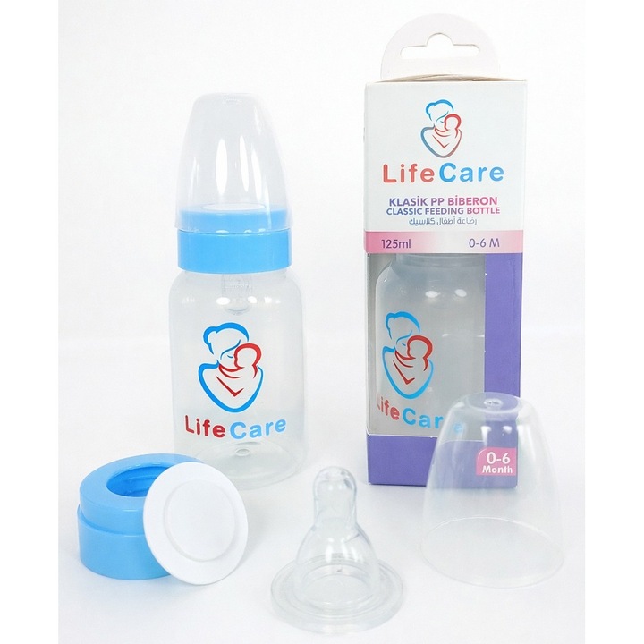 Biberon plastic Life Care Albastru Capacitate 125ml Tetina silicon cu flux lent