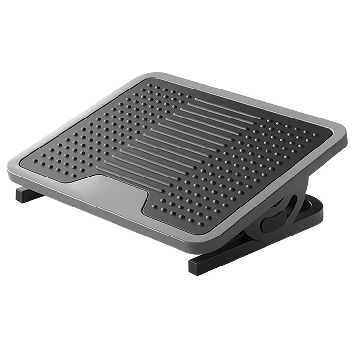 Ergonomikus lábtámasz, csökkenti a lábakra nehezedő nyomást, gumi masszázspontok, csúszásmentes fém talp, ergonomikus kialakítás, 390 x 300 x 85 mm, fekete