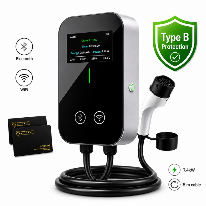 Statie De Incarcare Masina Electrica 7.4KW Type 2, 32A, 230V Monofazata, Protectie Tip B Integrata AC+DC, WiFi, Bluetooth, RFID, Control Aplicatie, Cablu 5m, Ecran Color, IP66 Exterior, Carcasa Ignifuga, Acces Securizat, Incarcare Inteligenta COMPANIERO