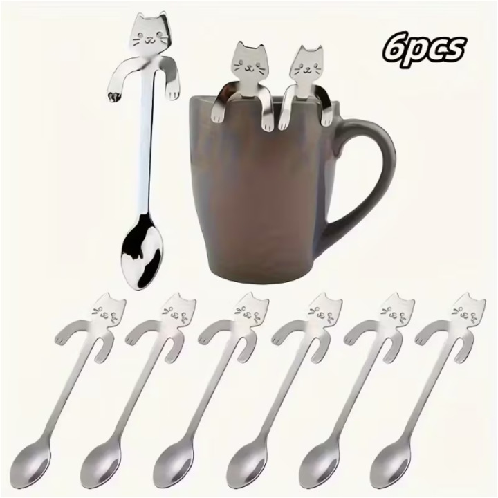 Set 6 linguri inox in forma de pisica pentru ceai si cafea, argintiu