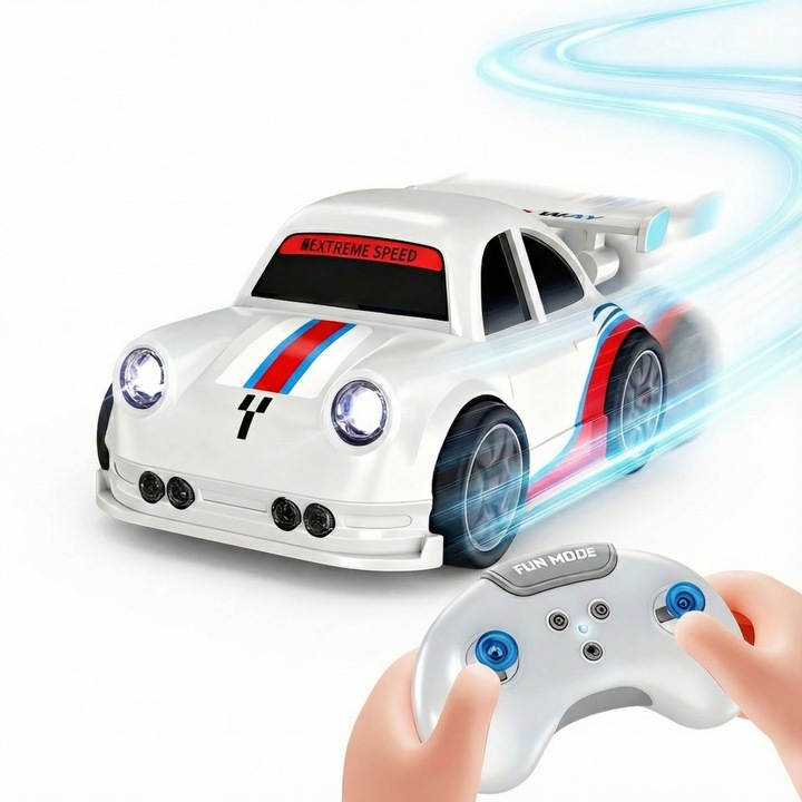 Masina de drift telecomandata multifunctionala cu senzori inteligenti, control 2.4G, moduri Follow/Escape/Demo, efecte luminoase si sonore, baterie reincarcabila, dimensiuni 15.8cm, 3+ ani