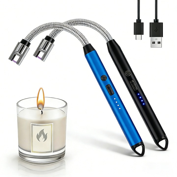 Set 2 Brichete electrice reincarcabile, Chucai, USB, rotative 360, gat flexibil, anti-vant, rezistente la vant si fara flacara, 25cm, pentru camping, gratar, lumanari, Albastru & Negru
