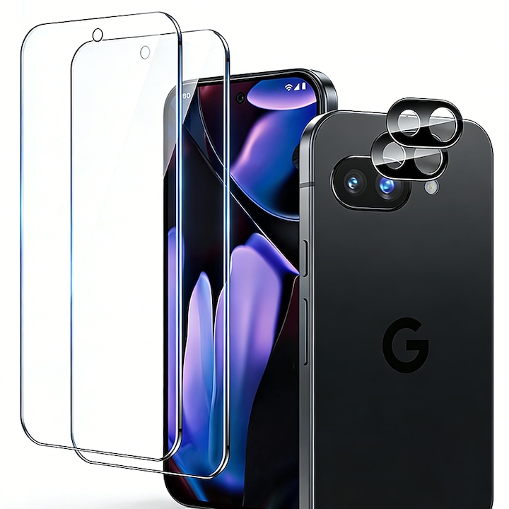 Folie protectie ecran si camera compatibile cu Google Pixel 9A, set 2+2, sticla securizata, transparenta, 9H, anti-zgarieturi