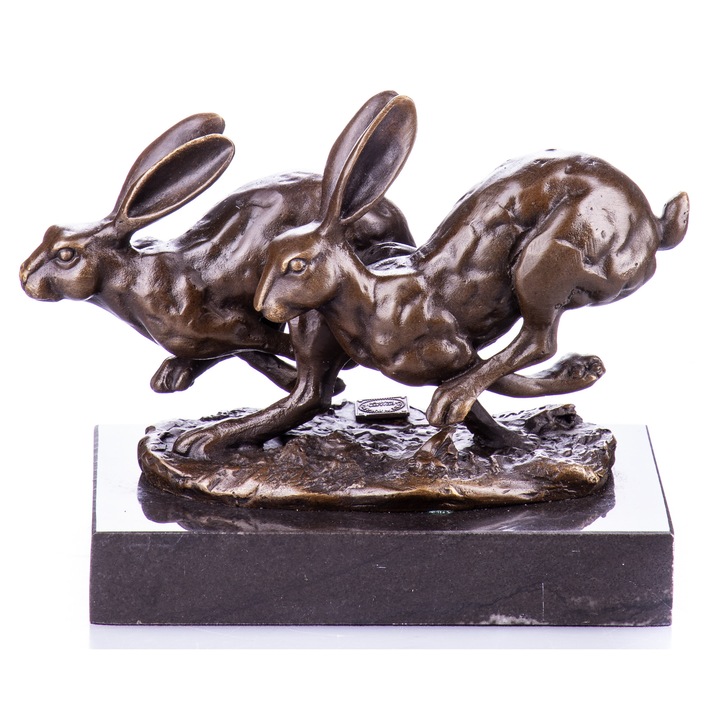 Statueta din bronz, doi iepuri in alergare