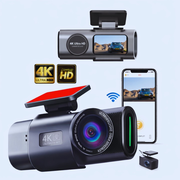 Camera Auto DVR 4K Ultra HD cu WiFi, Dual Lens Fata si Spate, Viziune Nocturna Color, G-Sensor, Detectare Miscare