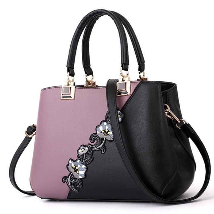 Geanta dama B1323 cu bareta pentru umar, Pandantiv, Piele ecologica, Negru-violet