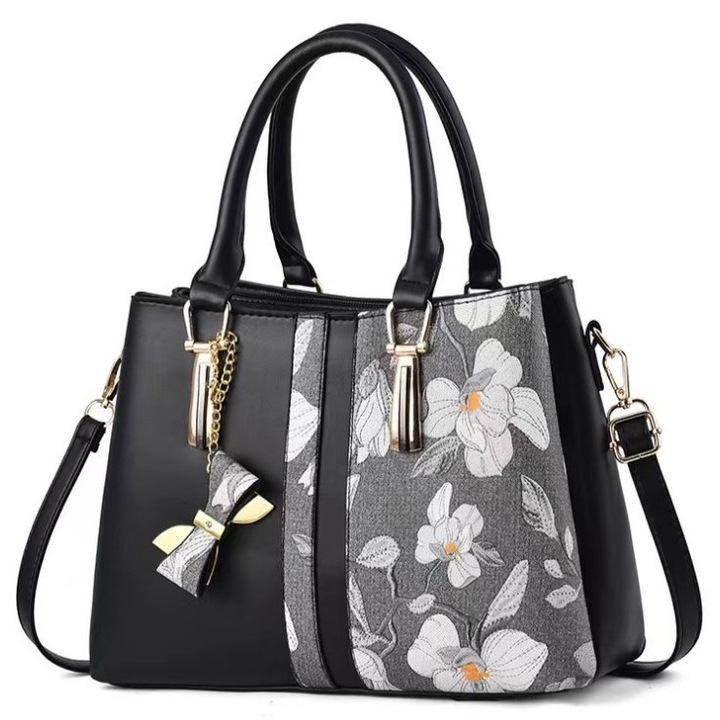 Geanta dama B1250 cu bareta pentru umar, Pandantiv, Piele ecologica, Negru