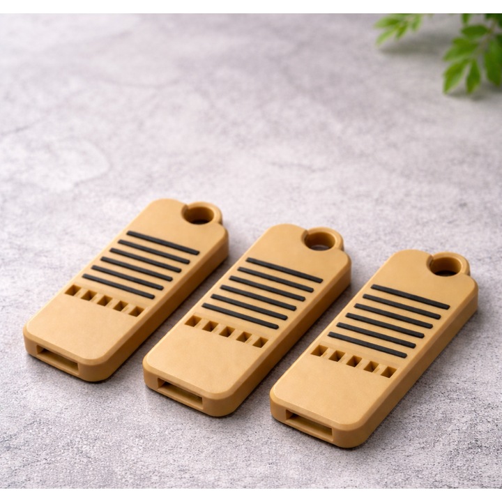 Set 3 x Fluier plat 3D printat, sunet puternic, caramel cu dungi negre, 4,5x2,2cm