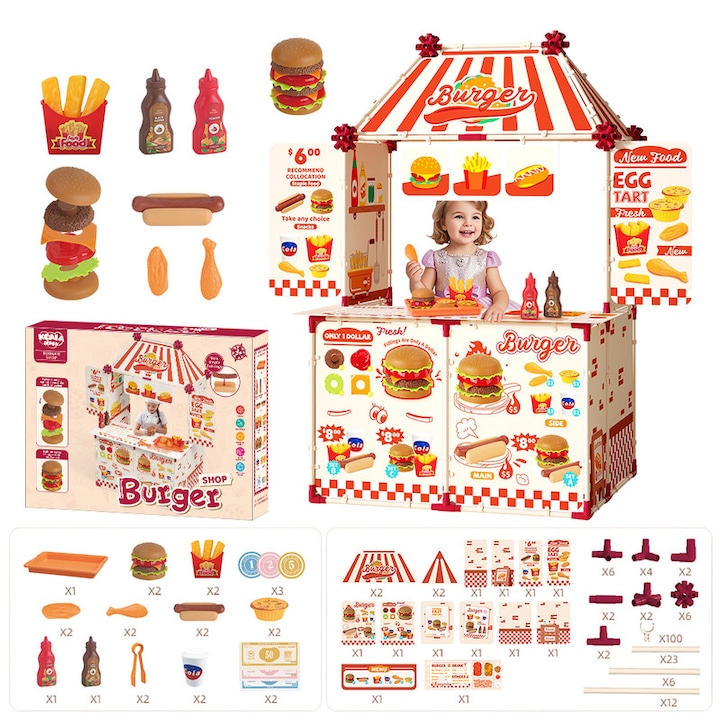 Set joaca supermarket, 205 piese, magazin burger asamblat, ingrediente diverse, 117.5x65.5x110.6cm
