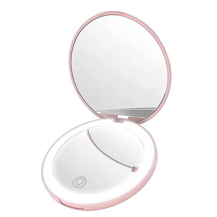 Hordozható LED-es sminktükör, állítható, összecsukható, világítással, USB töltéssel, rózsaszín